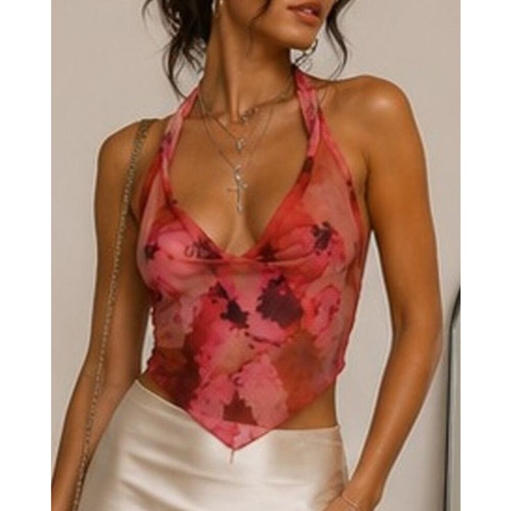 Cider Y2K Sheer Floral Halter Top XS Pink Festival Indie Sleaze Fairy Grunge